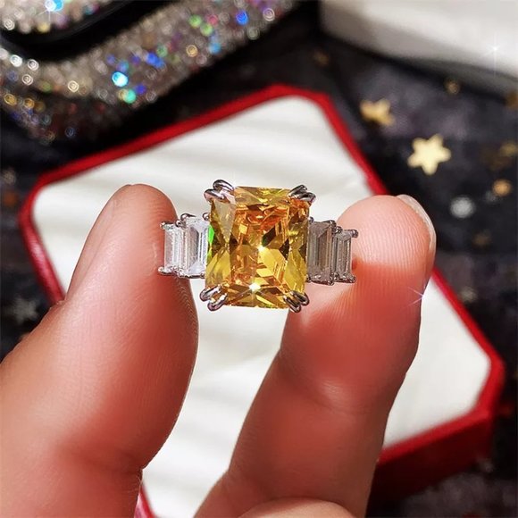 💥925 Silver Plated Iced Out CZ Yellow Crystal Wedding Ring, MARR9454 - Picture 1 of 4